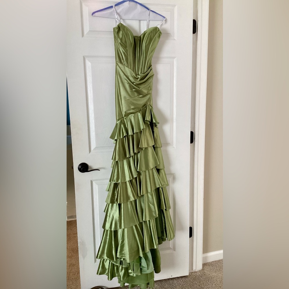 Sherri Hill Sage Green Strapless Corset Lace-Up Dress; style #57128; size 2;